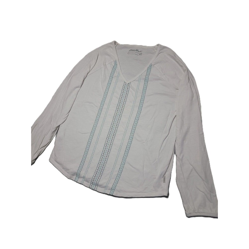 Eddie Bauer Top Womens M Long Sleeve V Neck White Blue Embroidery Cotton Shirt